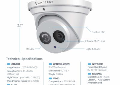 Amcrest UltraHD 4K (8MP) Outdoor Security IP Turret PoE Camera, 3840x2160, 164ft NightVision, 2.8mm Lens, IP67 Weatherproof, MicroSD Recording (128GB), White (IP8M-T2499EW)