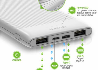 Portable Power Bank Omars 10000mAh USB C Battery Pack Slimline Portable Charger with Dual USB Output Compatible with iPhone Xs/XR/XS Max/X, iPad, Galaxy S9 / Note 9, Huawei Mate 20 Pro