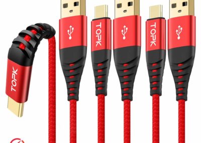 USB Type C Cable,TOPK USB C Cable [3-Pack 6.6ft 6.6ft 6.6ft] 3A Fast Charging Cable Nylon Braided Sync Data Transfer Cord Compatible USB-C Electronics 3A Fast Charging Cords(Red)