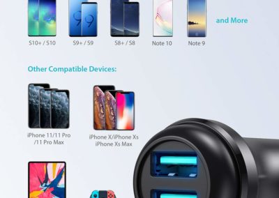 Car Charger RAVPower 36W Qc 3.0 Car Quick Charger Dual USB Ports Car Adapter for Galaxy S10+ S9+ S8+ Note 10+ Note 9+ Note 8, iPhone 11 Pro Max X XR XS Max and More